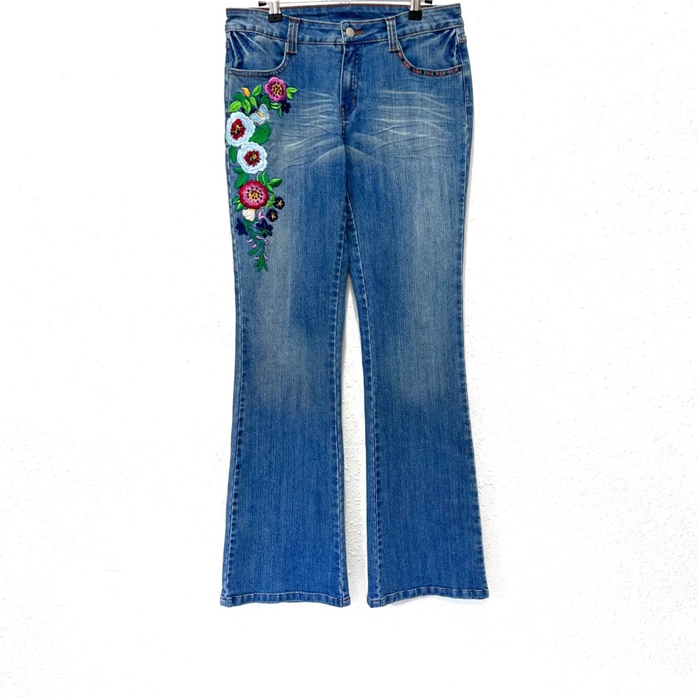 Boston Proper embroidered Blue Flare Jeans with Wide Leg 8